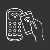 NFC smartphone payment chalk icon. NFC phone and POS terminal. Near field communication. Mobile phone contactless payment. Isolated vector chalkboard illustration