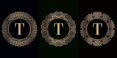 Collection of logo initial T with luxury mandala ornament frame vector