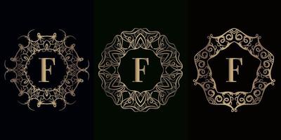 colección de logotipo f inicial con marco de adorno de mandala de lujo vector