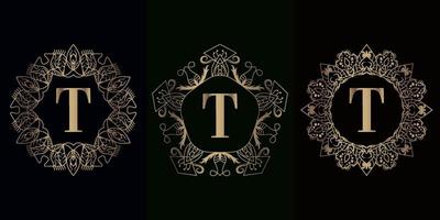 Collection of logo initial T with luxury mandala ornament frame vector