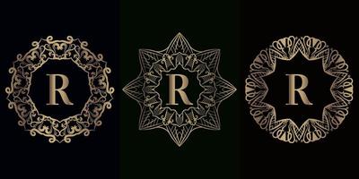 colección de logotipo inicial r con marco de adorno de mandala de lujo vector