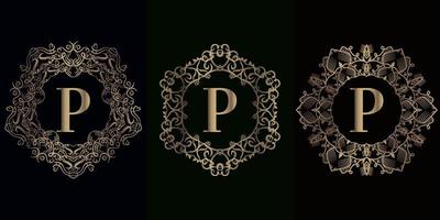 Collection of logo initial P with luxury mandala ornament frame vector