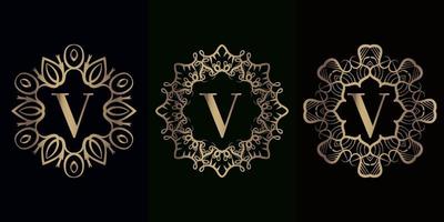 Collection of logo initial V with luxury mandala ornament frame vector