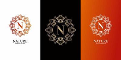 Letter N initial alphabet with luxury ornament floral frame logo template. vector