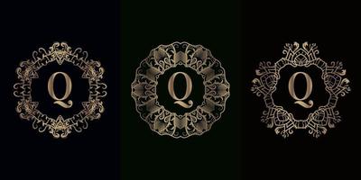 Collection of logo initial Q with luxury mandala ornament frame vector