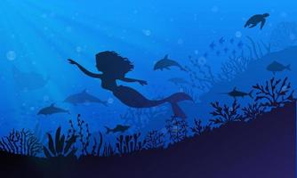 silueta de sirena con delfines y arrecifes. fondo de paisaje submarino de sirena vector