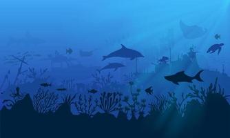 Silhouette of coral reef with dolphin, shark, stingray, turtle and shipwrecks on the blue seabed. Underwater background vector illustration.