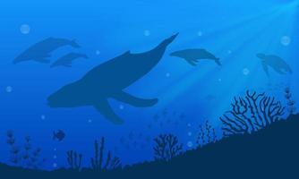 Underwater landscape background with silhouette of whale. Underwater background vector illustration