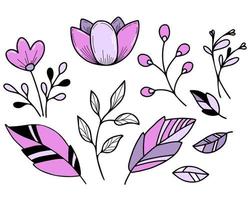 Botanical set. Flowers and leaves, lotus and plant branch. Vector illustration. Isolated hand drawings on white background