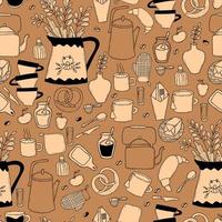 Seamless pattern with kitchen utensils and food. Kitchenware, kettles and a saucepan, preparation of food and drinks on brown background. Vector illustration. Outline drawn doodles linear style