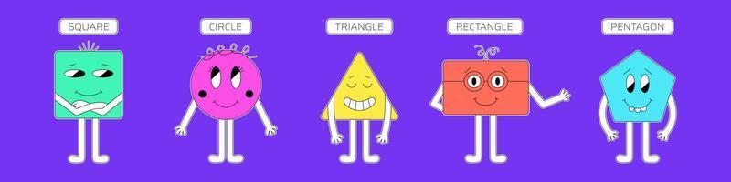Funny cartoon geometric shapes. Set of cute basic vector shapes - square, circle, triangle, character, rectangle.