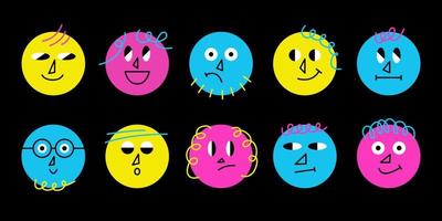 Cute set of simple colorful faces of vibrant colors. Vector trendy comic characters isolated on white background.