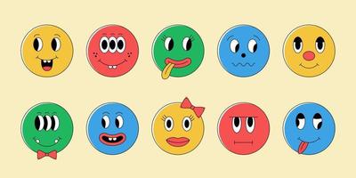 Funny cartoon faces with mouth, tongue and eyes. Various comic shape emotions. Cute avatar vector illustration set.