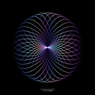 Abstract colorful spectrum light lines weaving pattern in circle shape isolated on black background. Vector illustration in concept technology, science, music, modern.