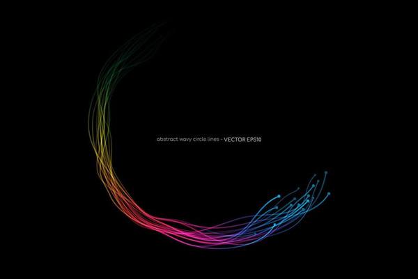 Abstract wavy dynamic spectrum light lines circle swirl round frame isolated on black background in concept technology, neural network, neurology, science, music