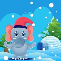 elefante linda tarjeta de navidad con animales, estilo dibujado a mano. vector ilustración de navidad con adorno de paisaje de nieve y animales lindos