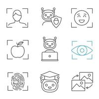 Machine learning linear icons set. Artificial intelligence. Chatbot, face, retina, fingerprint identification. Thin line contour symbols. Isolated vector outline illustrations. Editable stroke