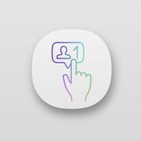 New follower button click app icon. UI UX user interface. Web or mobile application. Social media subscriber. New friend. Hand pressing button. Vector isolated illustration