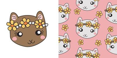 cat wearing a crown floral pattern. Cat prin on white, pink background. The seamless cute cat princess pattern and one character for T-shirt vector design for fashion, background, wrapping paper.