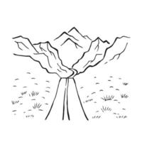 Road to mountains. Hand drawn landscape black on white background vector