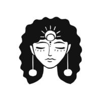 Young beautiful girl with long hair. Esoteric symbol of a woman, sun. Vector illustration isolated on a white background