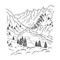 paisaje con montañas y bosques. ilustración dibujada a mano convertida en vector. vector