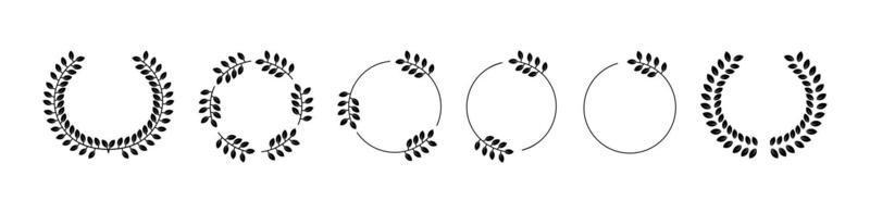 Set icon of black laurels frames branches with circle borders.collection laurel leaves decorative elements vector icon illustration