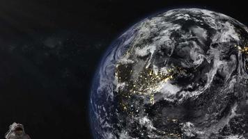 animatie van de aarde gezien vanuit de ruimte, de wereldbol draait op satellietweergave op een donkere achtergrond. video