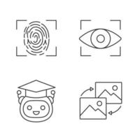 Machine learning linear icons set. Fingerprint scanning, iris recognition, teacher bot, data transforming. Thin line contour symbols. Isolated vector outline illustrations. Editable stroke