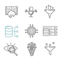 Machine learning linear icons set. Artificial intelligence. Database. AI. Digital technology. Thin line contour symbols. Isolated vector outline illustrations. Editable stroke