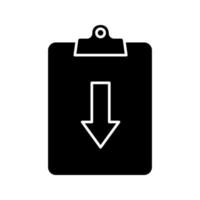 Assignment returned glyph icon. Silhouette symbol. Clipboard with down arrow. Negative space. Vector isolated illustration