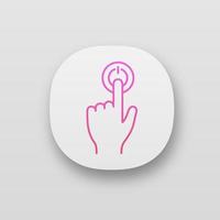 Power button click app icon. UI UX user interface. Start. Turn on. Hand pressing button. Web or mobile application. Vector isolated illustration