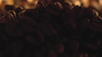 makrobild av kopp med varmt kaffe på rostade kaffebönor i 4k video