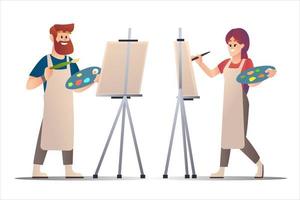 Male and female artists painting on canvas, vector cartoon illustration