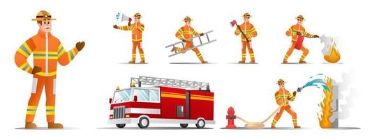 conjunto de personajes de bombero con diferentes poses de dibujos animados vectoriales vector