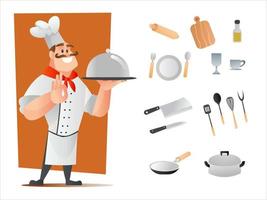 Chef character and kitchenware utensils vector cartoon