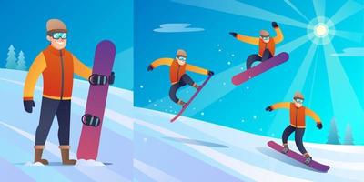 Winter snowboarder character with different jump poses in vector illustration