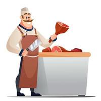 carnicero con ilustración de dibujos animados de cuchillo y carne. carnicero profesional vector