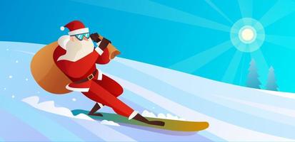 el snowboard de santa claus trae una ilustración de plantilla de regalos. plantilla de feliz navidad y feliz año nuevo. vector