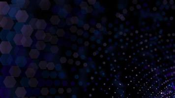 bokeh achtergrond met blauwe en paarse lichten in een zeshoekige vorm met cirkelvormige beweging op een zwarte achtergrond. 3D animatie video