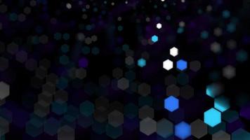 sfondo bokeh con luci blu e viola a forma esagonale con movimento circolare su sfondo nero. animazione 3D video