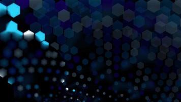 Bokeh background with blue and purple lights in a hexagonal shape with circular movement on a black background. 3D Animation video