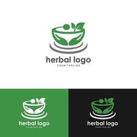 gráfico vectorial del logotipo de hierbas con un icono que consta de mortero, maja y hoja. mejor para cualquier negocio. vector