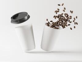 una maqueta de un par de vasos de papel blanco realistas con tapa de plástico y algunos granos de café café para llevar, taza para llevar, presentación en 3d, ilustración en 3d foto