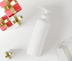 A mock up of realistic White blank clean body lotion bottle isolated in white background with some gift box, 3D render, 3D illustration photo