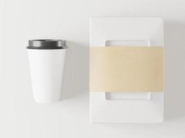 A mock up of realistic white blank paper cups with plastic lid. Coffee to go, take out mug with a mock up blank realistic paper box 3D render, 3D illustration photo