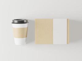 A mock up of realistic white blank paper cups with plastic lid. Coffee to go, take out mug with a mock up blank paper box 3D render, 3D illustration photo