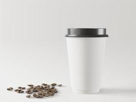A mock up of realistic white blank paper cups with plastic lid and some coffee beans Coffee to go, take out mug, 3D render, 3D illustration