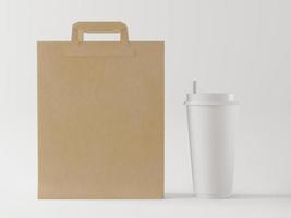 una maqueta de vasos de papel en blanco realistas con tapa de plástico. café para llevar, sacar la taza con una bolsa de papel en blanco simulada 3d render, 3d ilustración