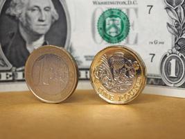 1 pound and 1 euro coin, and one dollar note over metal background photo